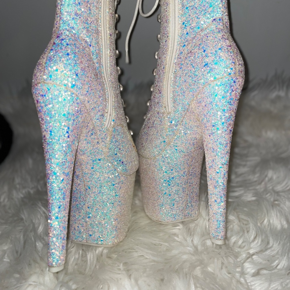YRU MYA STAR WHITE GLITTER PLATFORM Stripper Dancewear BOOTS HEELS  XTRA Size 5 - Picture 15 of 16